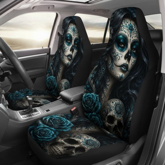 Emacom Ltd_Blue Sugar Skull Woman Car Seat Covers, Gothic Rose Skull Auto Seat Protectors, Day of the Dead Car Accessories