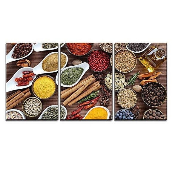 wall26 - 3 Piece Canvas Wall Art - Flavorful, Colorful Spices in Ceramic and Metal Bowls on Wooden Background. - Modern Home Art Stretched and Framed Ready to Hang - 16"x24"x3 Panels
