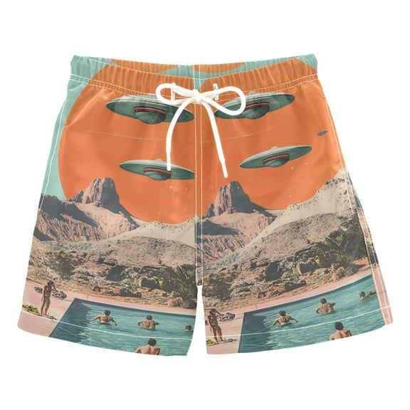 FORMRS Boys Swim Trunks Quick Dry Mesh Liner Boardshorts Sizes XS-XL, Retro UFO