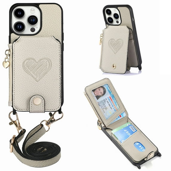 Compatible with iPhone 12 Pro / 12 Case Wallet, with Credit Card Holder Zipper Pocket Crossbody Strap Heart Pattern PU Leather Magnetic Clasp Kickstand Heavy Duty Protective Flip Cover, Gray