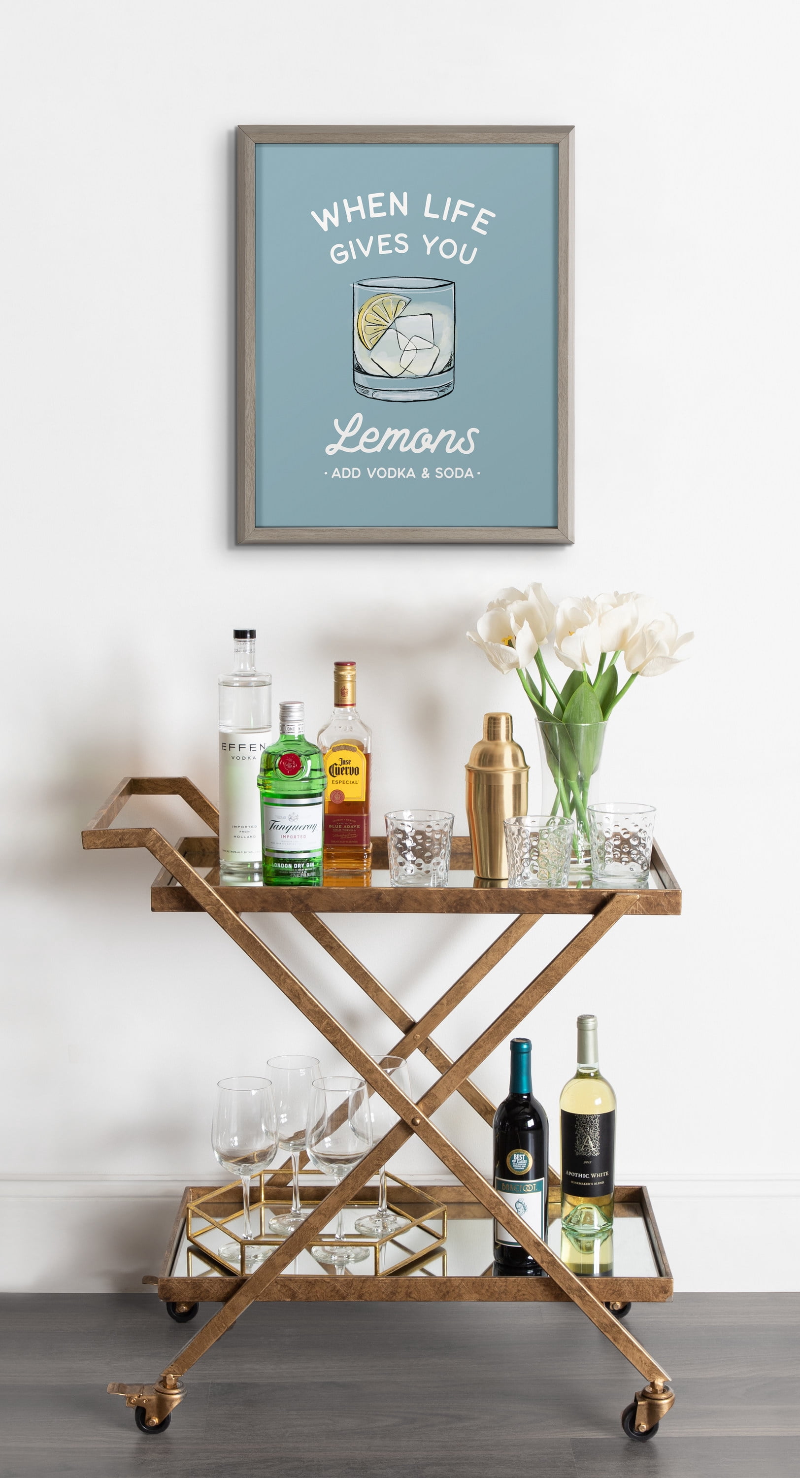 Kate and Laurel When Life Gives You Lemons Add Vodka and Soda Framed Printed Glass Wall Art by The Creative Bunch Studio, 16x20 Gray, Classic Cocktail Wall Decor