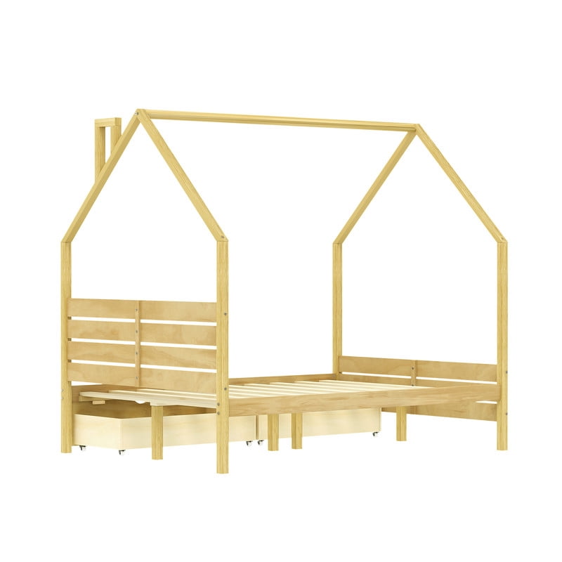 Full Size Kids House Bed Frame, Montessori Child Floor Bed with 2 Storage Drawers, Wooden Low Profile Platform Bed
