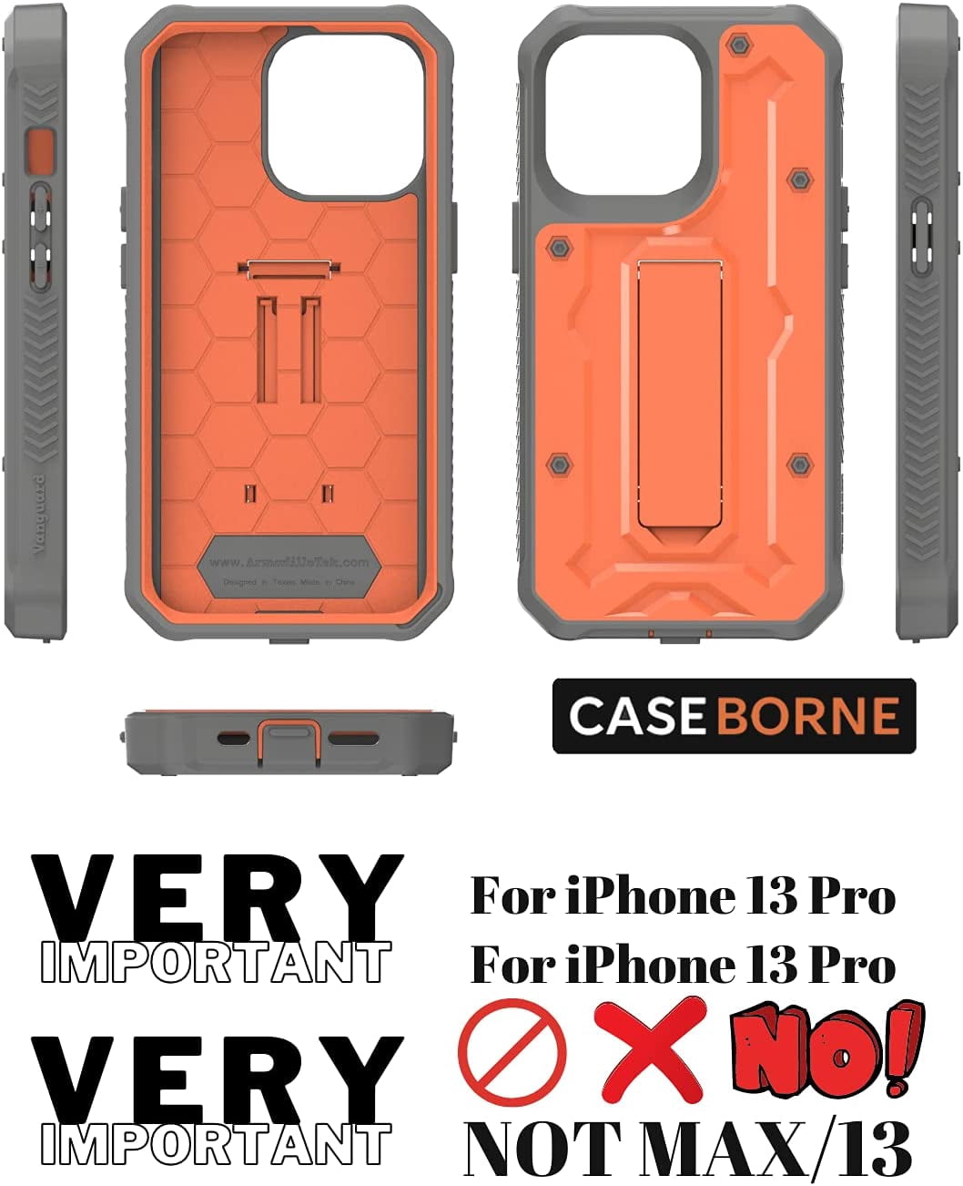 CaseBorne ArmadilloTek V Case for [iPhone 13 Pro] with Built-in Screen Protector & Kickstand Full-Body Multi-Layer Rugged - Orange