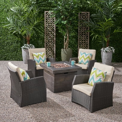 Noble House Bexley 5 Piece Patio Fire Pit Conversation Set with Cushions