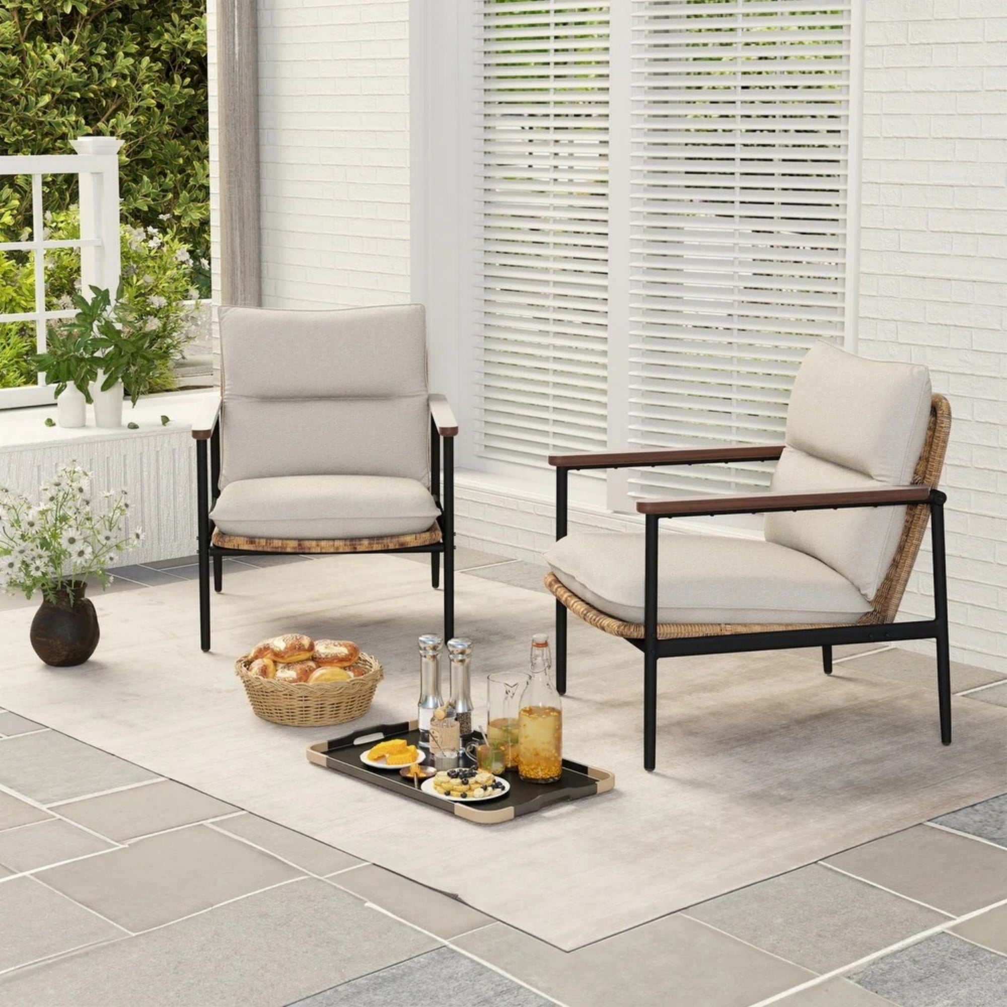 2-Piece Aluminum Outdoor Patio Lounge Chairs with Hand-Woven Wicker & 4.7" Cushions, Modern Rattan Seating Set for Garden, Backyard, Balcony