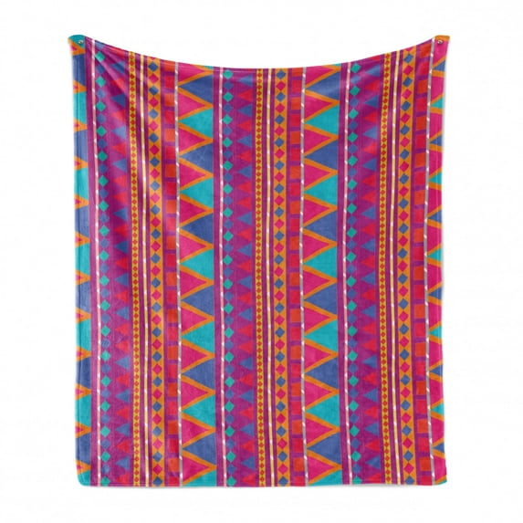 Psychedelic Soft Flannel Fleece Blanket, Tribal Style Illustration with Geometric Elements Zigzags Squares and Rhombuses, Cozy Plush for Indoor and Outdoor Use, 50" x 70", Multicolor, by Ambesonne