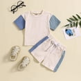 thumbnail image 2 of Kaprioy Toddler Boys Clothes Baby Boy Outfit Sets Kids Waffle Color Block Raglan Sleeve Tee & Solid Shorts Set,2-Piece Summer Kids Boys Outfit Sets, 2 of 7