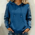 thumbnail image 3 of Denim Patchwork Hoodies for Women Loose Hooded Drawstring Pullover Sweatshirt Fall Long Sleeve Casual Tops with Pockets, 3 of 5
