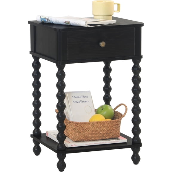Black Nightstand, Bedroom Side Table with Drawer for Living Room, Small Bedside End Table with Spindle Wood Legs for Bedroom, Office, Black