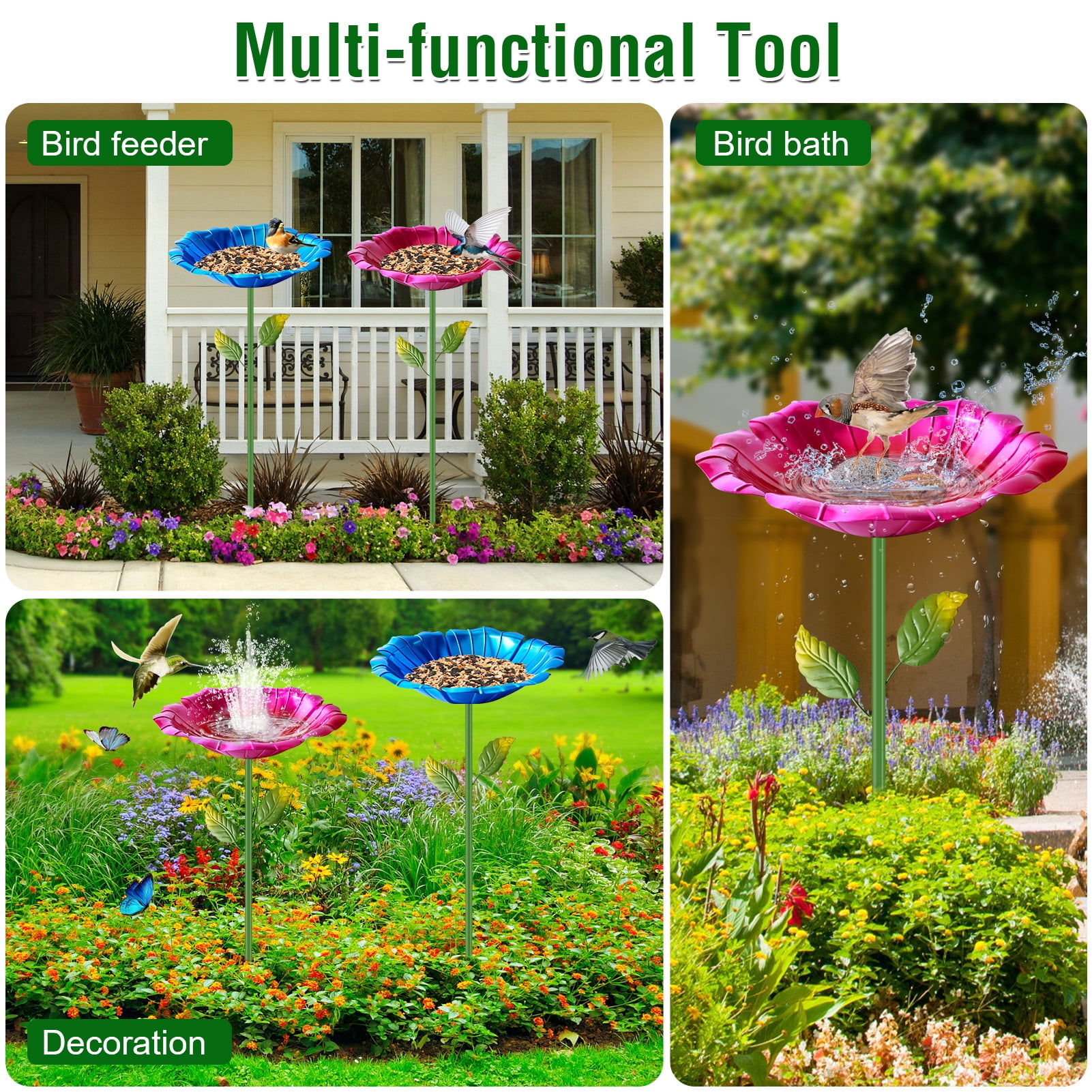LANNEY Metal Bird Baths for Patio Outdoors, 31.5 Inch Height Large Birdbath Birdfeeder with Metal Stake Stand and 5-Prong Base Detachable Freestanding Bird Bath for Garden Yard Lawn Backyard Decor