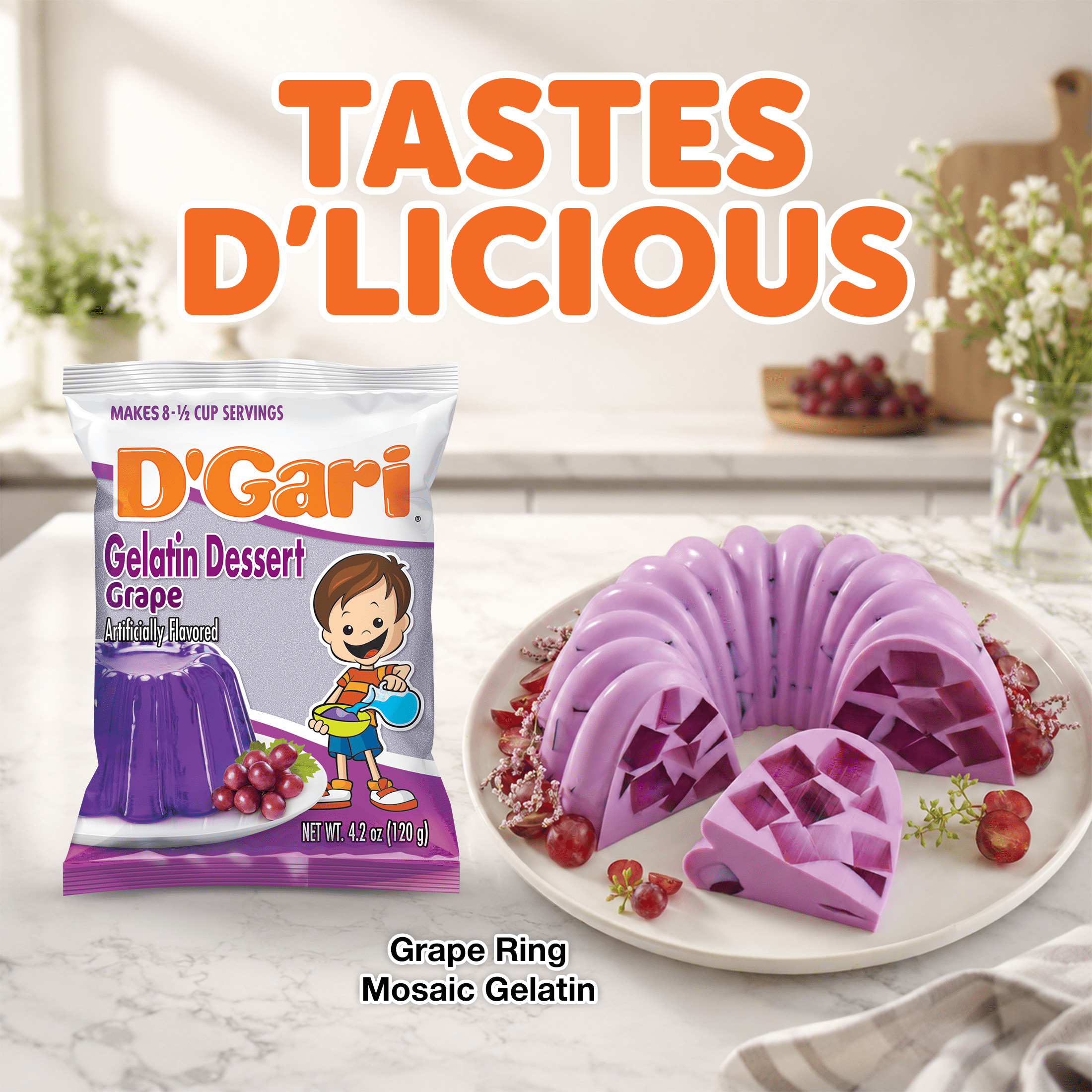 D'Gari Grape Gelatin Dessert, 4.2 oz Box, Free from Peanuts and