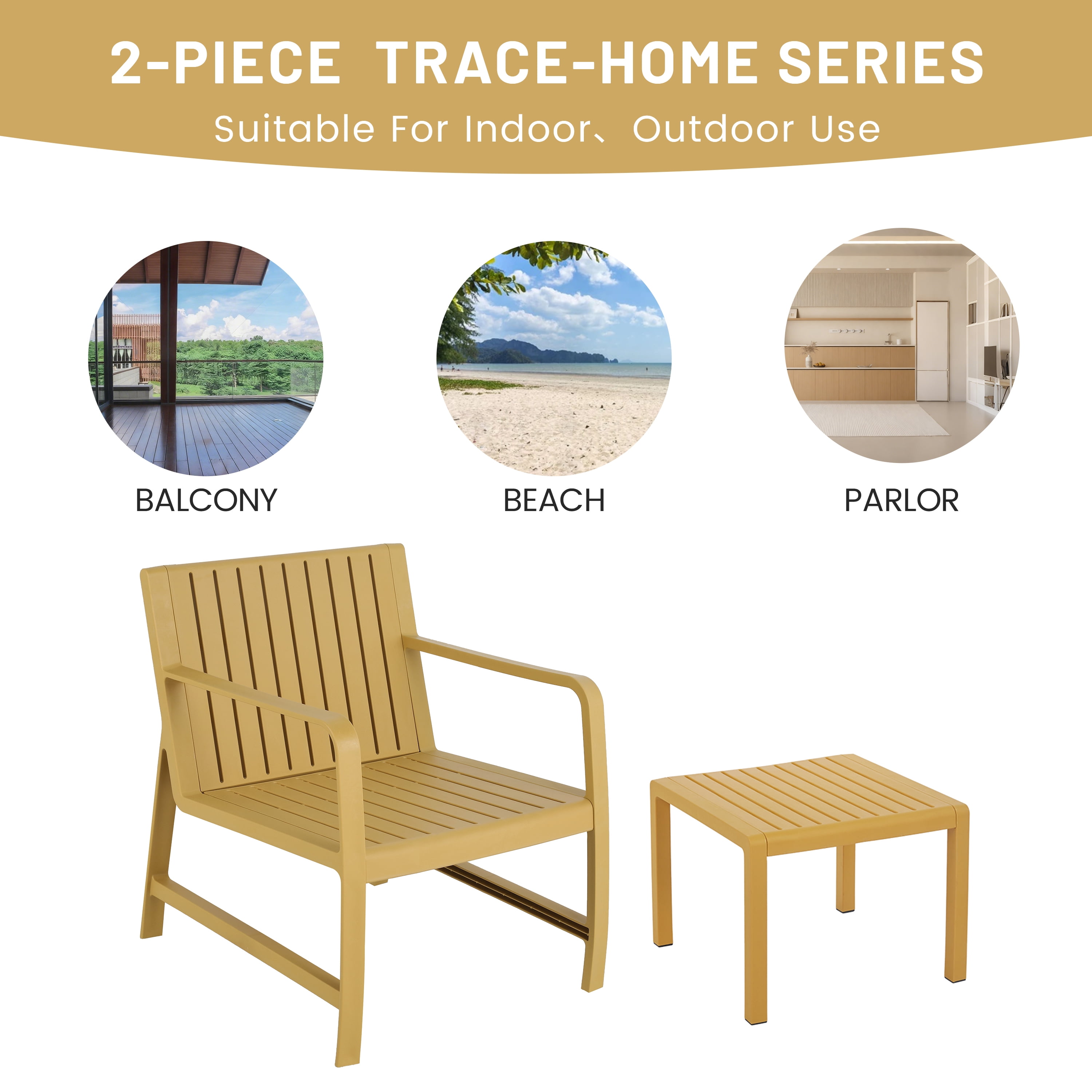 Patio Furniture Set, 2 Piece PP Material Chair Table Combo for Garden Balcony Yard, Yellow