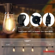 EclatrisLume 100FT Outdoor String Lights,Patio Lights with 25 Shatterproof S14 Vintage Edison Bulbs,Hanging Light Waterproof for Porch, Garden, Deck, Backyard, 2700K