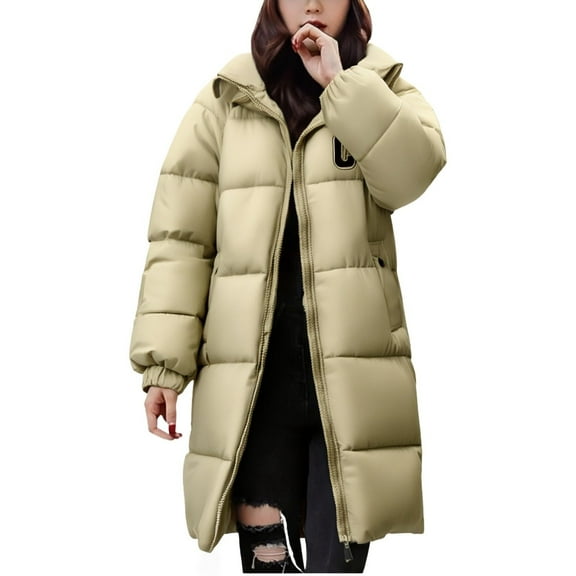 ChaoLingNeng Long Puffer Jacket, Women Long Puffer Jacket Hood Winter Warm Windproof Ladies Quilted Padded Coat Big Pocket