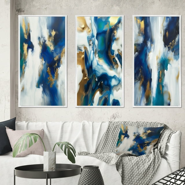 Designart "Abstract Transcendence Blue and Gold IV" Abstract Painting Framed Wall Art Set Of 3 - Gold Modern Frame Gallery Set For Office Decor