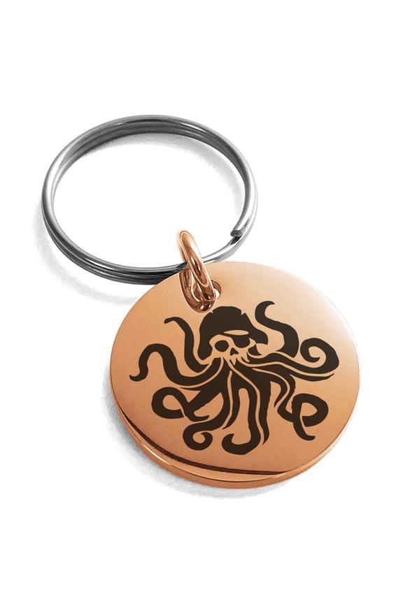 Stainless Steel Kraken Octopus Pirate Skull Engraved Small Medallion Circle Charm Keychain Keyring