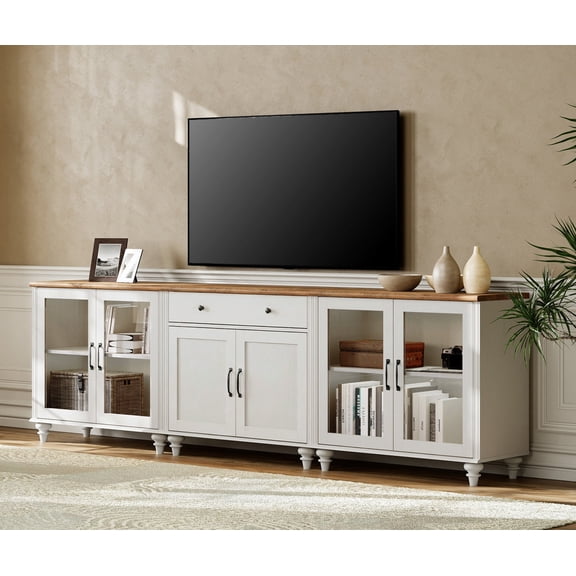 WAMPAT Television Stands for 100 Inch TV with Glass Doors, Modern Entertainment Center Media Console for Living Room Bedroom Office, White