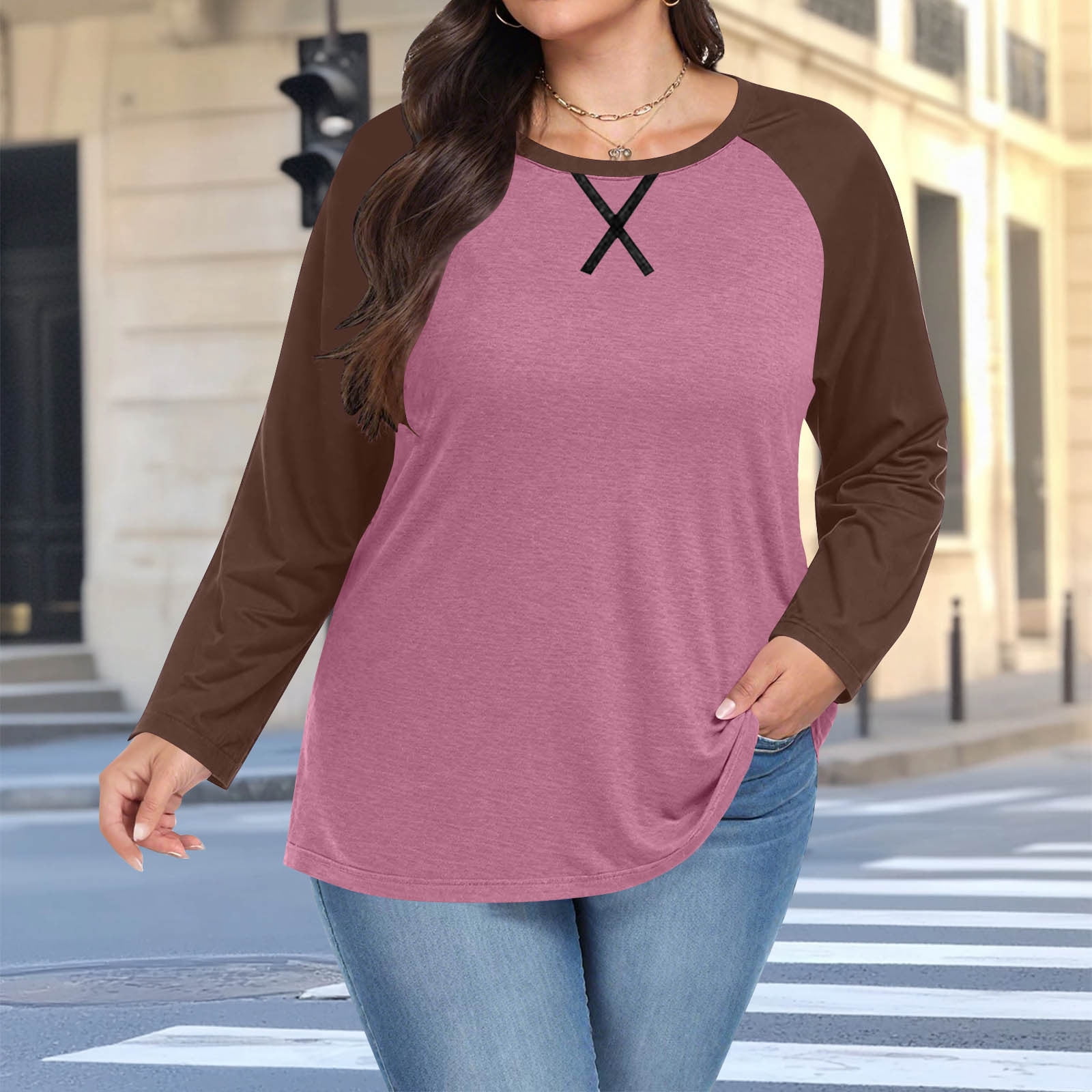 aohooy Womens Plus Size Long Sleeve Baseball Shirt Color Block Casual Loose Tees Tshirts Spring Round Neck Loose Fit Tunic Tops Hot Pink,XXXL