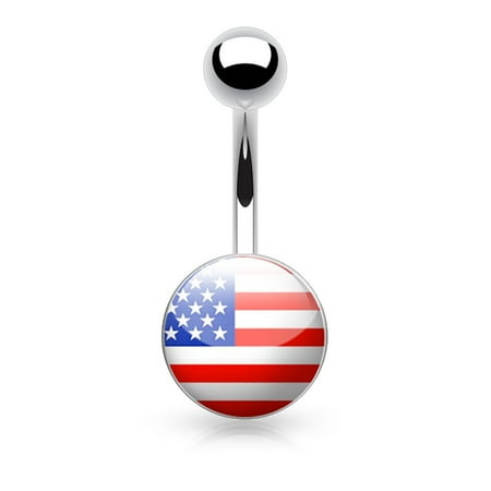 Flag Belly Ring - USA Flag Inlaid and Clear Epoxy Covered 316L Surgical Steel Belly Button Ring