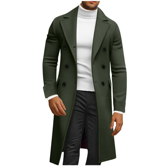 Fengqque Mens Faux Suede Mid Length Peacoat Notch Lapel Double Breasted Outerwear Jacket Wool Lined Thick Jacket with Pockets Army Green 10(XL)