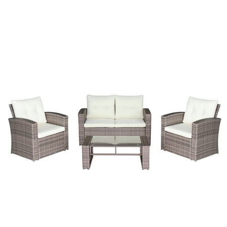 Wicker Patio Furniture Las Vegas Magari Furniture N88 4-Piece Complete Outdoor Furniture Seating Patio Cushion Resin Wicker Rattan Garden Iron Frame Set with Cream Cushions, Grey ()