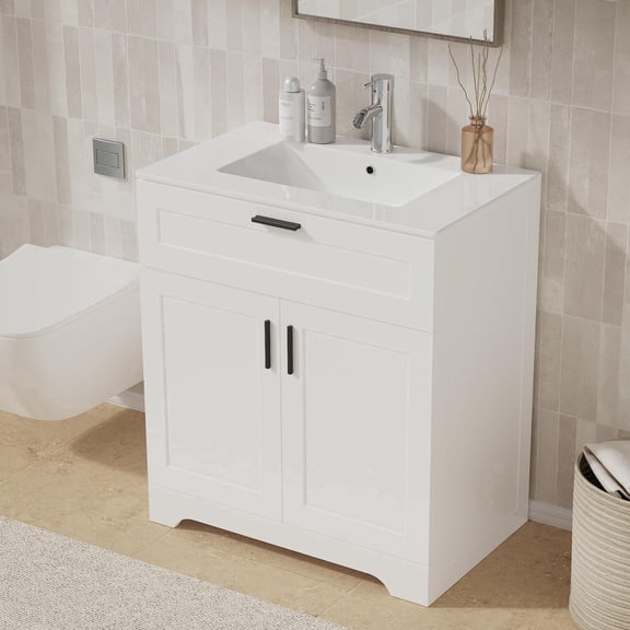 KIGOTY 30" Modern Bathroom Vanity with Ceramic Basin, Free Standing Bathroom Storage Cabinet with with 2 Soft-Closing Doors and 1 Drawer, White
