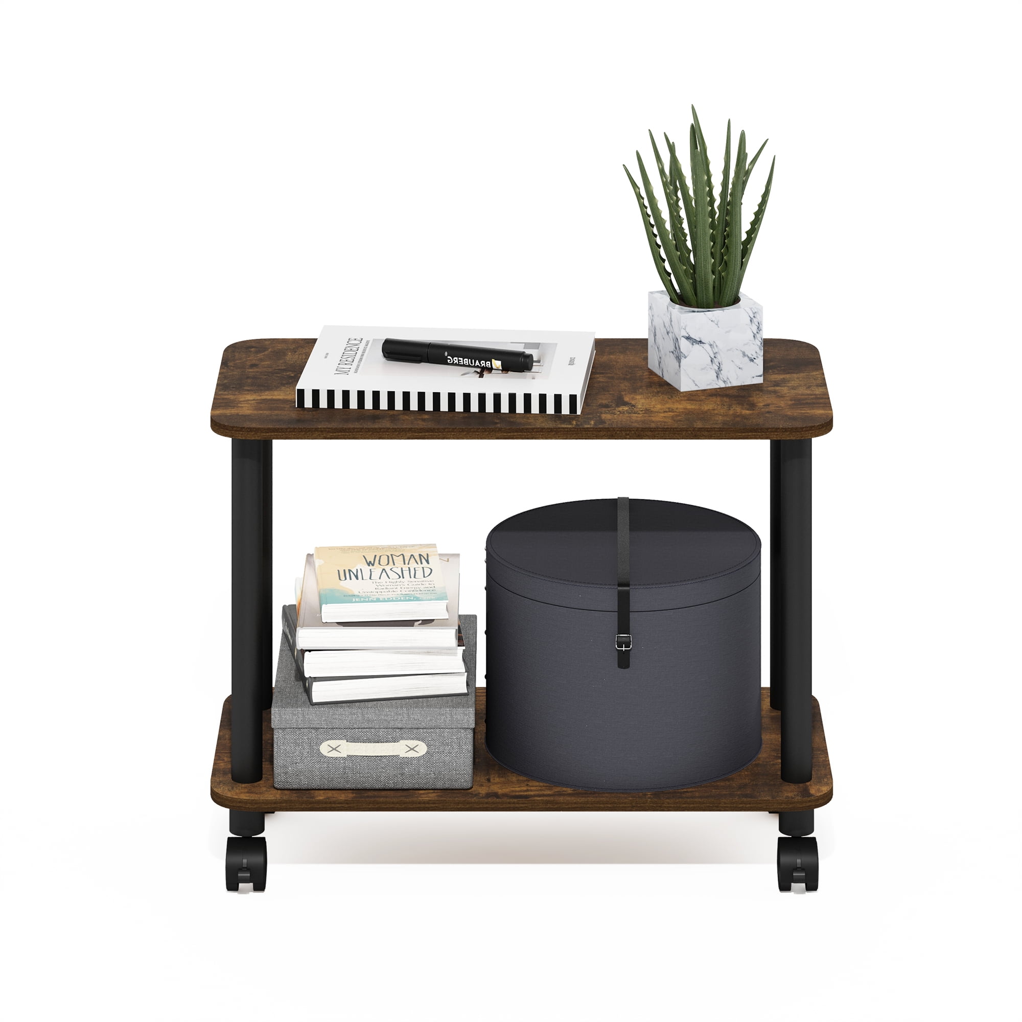 Furinno Turn-N-Tube Modern Rectangle End Table, Side Table with Casters, Amber Pine/Black