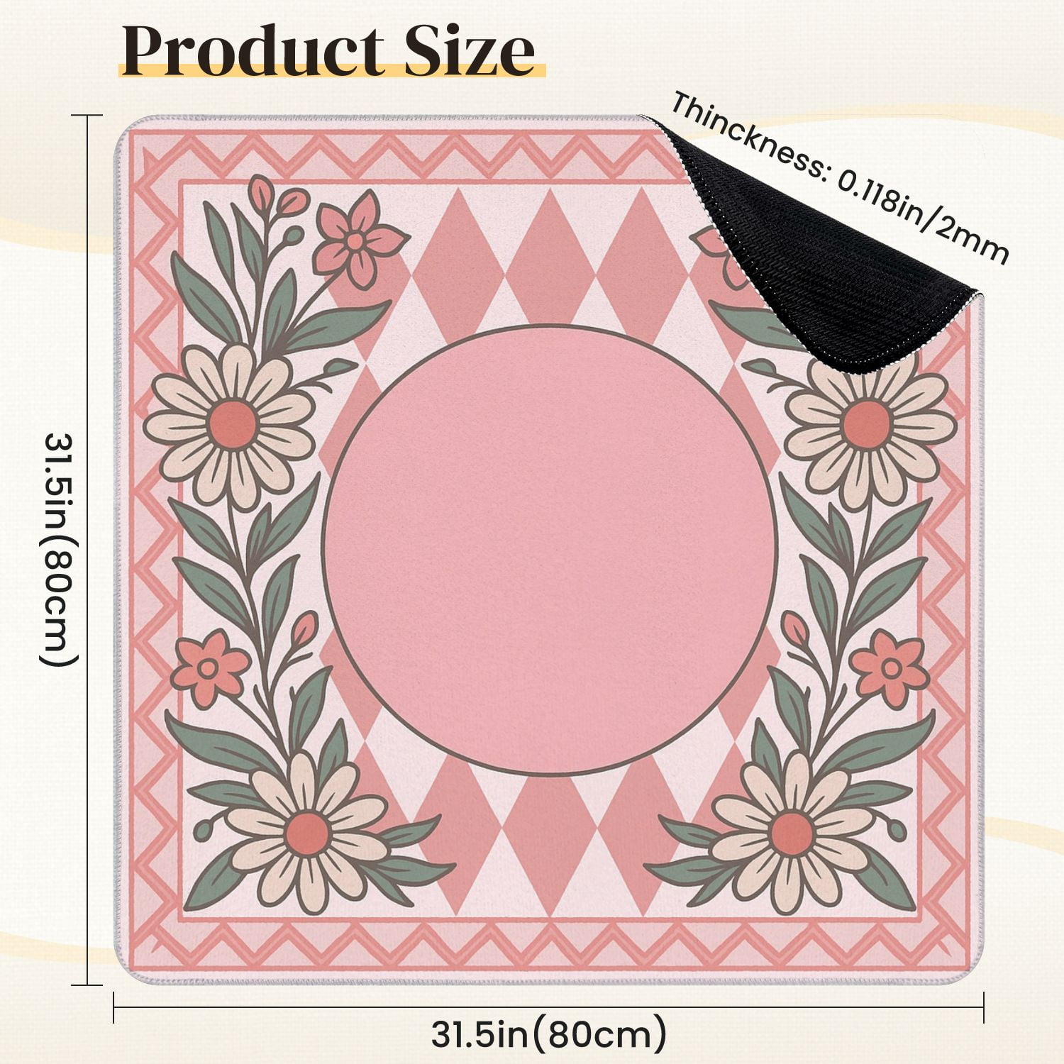 Mahjong Mat 31.5" x 31.5" Floral Frame Pink Diamond Empty Center for Customization Anti-Slip and Noise Reduction Symmetry Design Mahjong Tiles Table Cover for Dominoes Poker Card Board and Tile Games