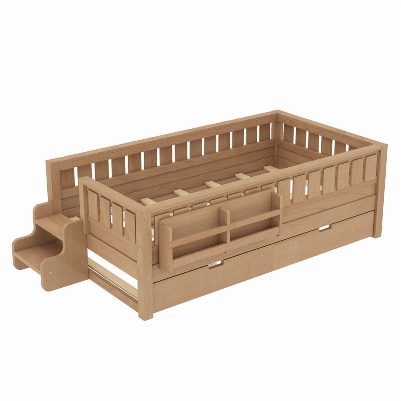 Bellemave Twin Bed with Trundle and Small Stairs, Twin Size Platform Bed Frame with Rail and Bookshelf, Wooden Montessori Floor Bed No Box Spring Needed,Natural