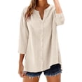 thumbnail image 3 of Women's Plus Size Cotton Linen Shirt, 3/4 Sleeve Button Down Blouse, Loose Fit Breathable Casual Top for Work, Daily Wear and Versatile Outfits Beige XL, 3 of 9
