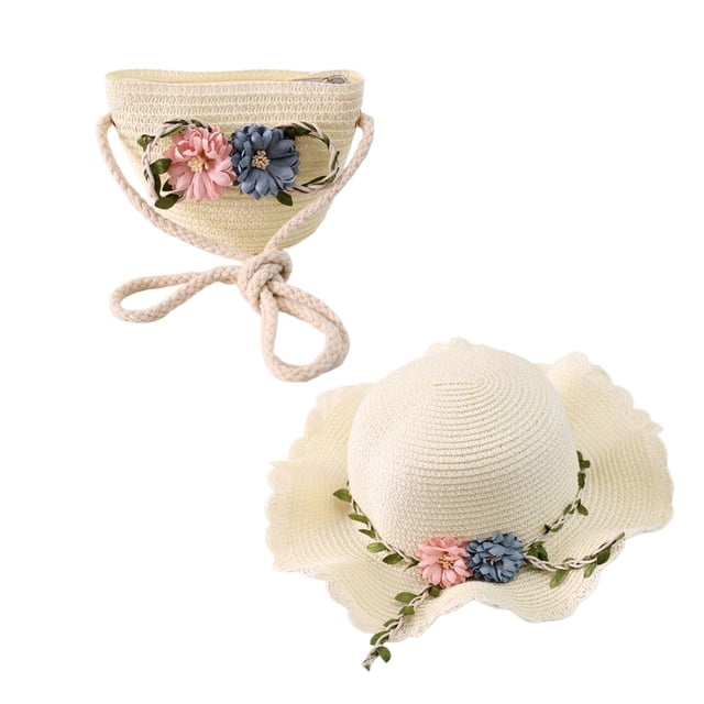 Sombrero de sol para niños, sombrero de paja, bolso de mano tejido, plegable, con flores, gorra de playa para blanco