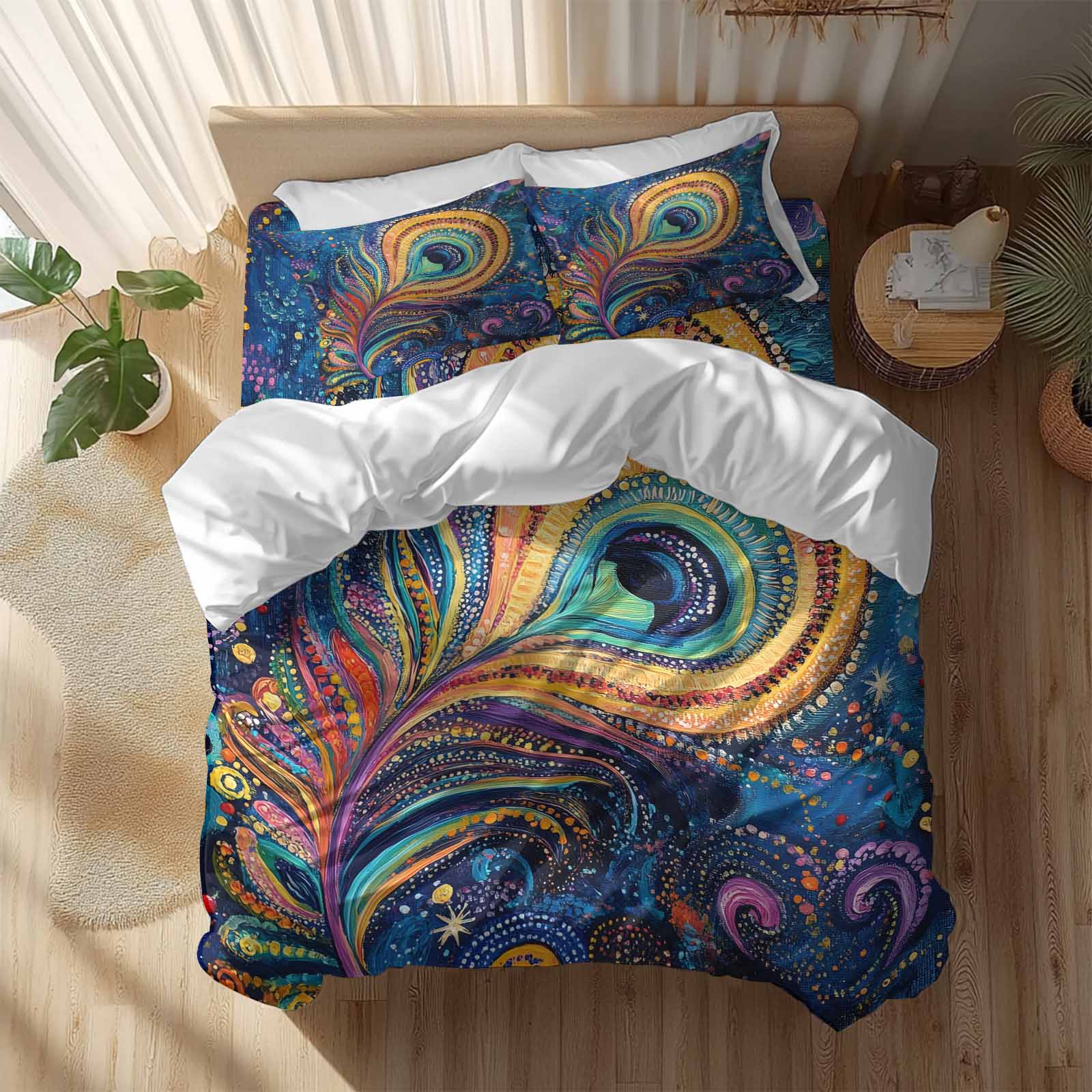 Abstract Peacock Feathers Duvet Cover Set King Size, Blue Ombre 4 Piece Soft Microfiber Bedding Set with 1 Duvet Cover, 1 Flat Sheet, 2 Pillowcases