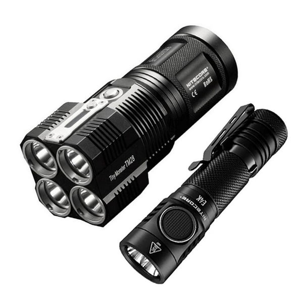 Outdoor Value Pack: Nitecore TM28 Searchlight  and  E4K Flashlight -Both can be Recharged on the go or at home