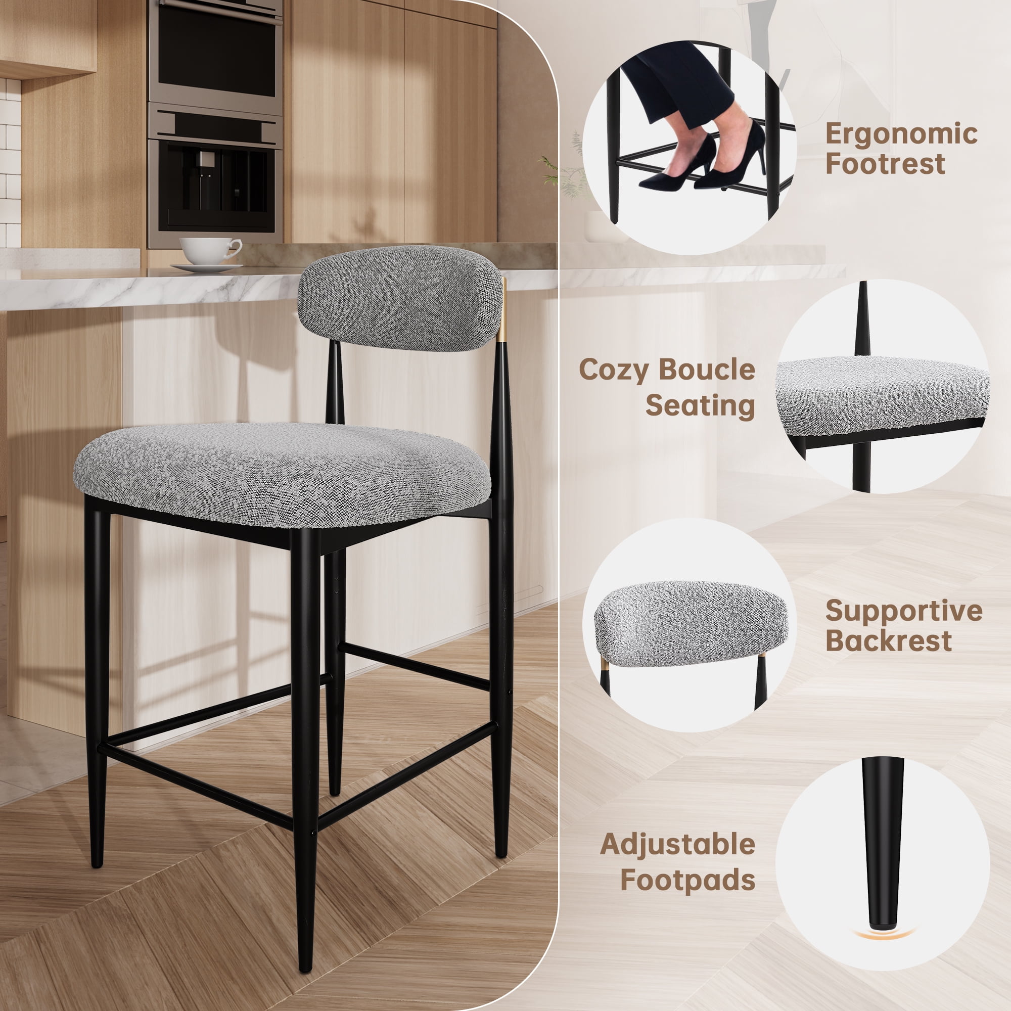 Morden Fort Counter Height Bar Stools Set of 2, 26" Boucle Barstools with Backrest and Metal Legs, Island Chairs for Kitchen Island, Dining Room
