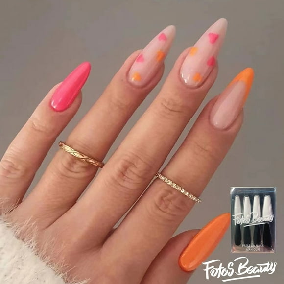 Fofosbeauty 24 pcs Summer Nails Designs 2022, Medium Almond Press on Nails Tips, Warm Colors
