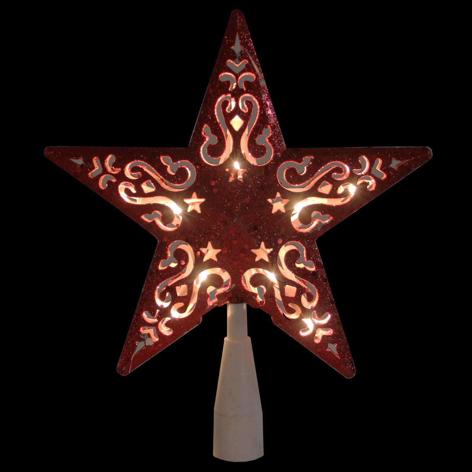 8.5" Red Glitter Star CutOut Design Christmas Tree Topper Clear