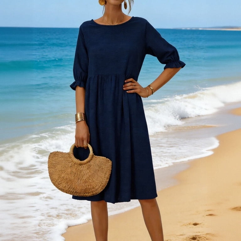 Dresses For Women Sevevn Women's Linen 3/4 Ruffle Sleeve Round Neck Tiered Midi Dress Casual Summer Dress Dark Blue L, Size: Large