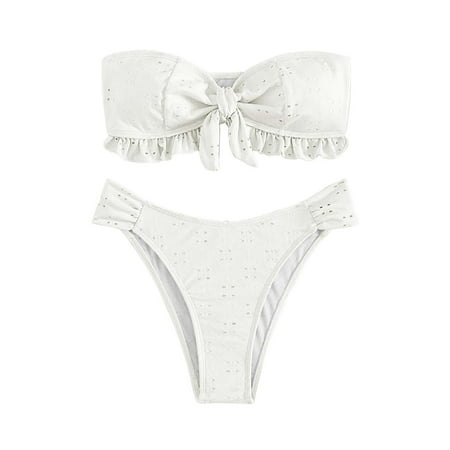 WELOIJEVBE Sexy Bikini Sets For Women Strapless Womens Thong Swimsuits Cheeky Bottoms Tie Ruffle Strapless Tops Women s Swimwear Two Piece Beach Wear 2025 Vacation Beachwear