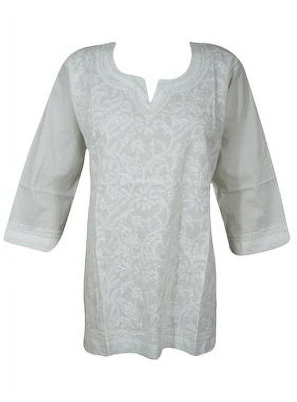 Women Chikankari Embroidery White Cotton Tunic S/L