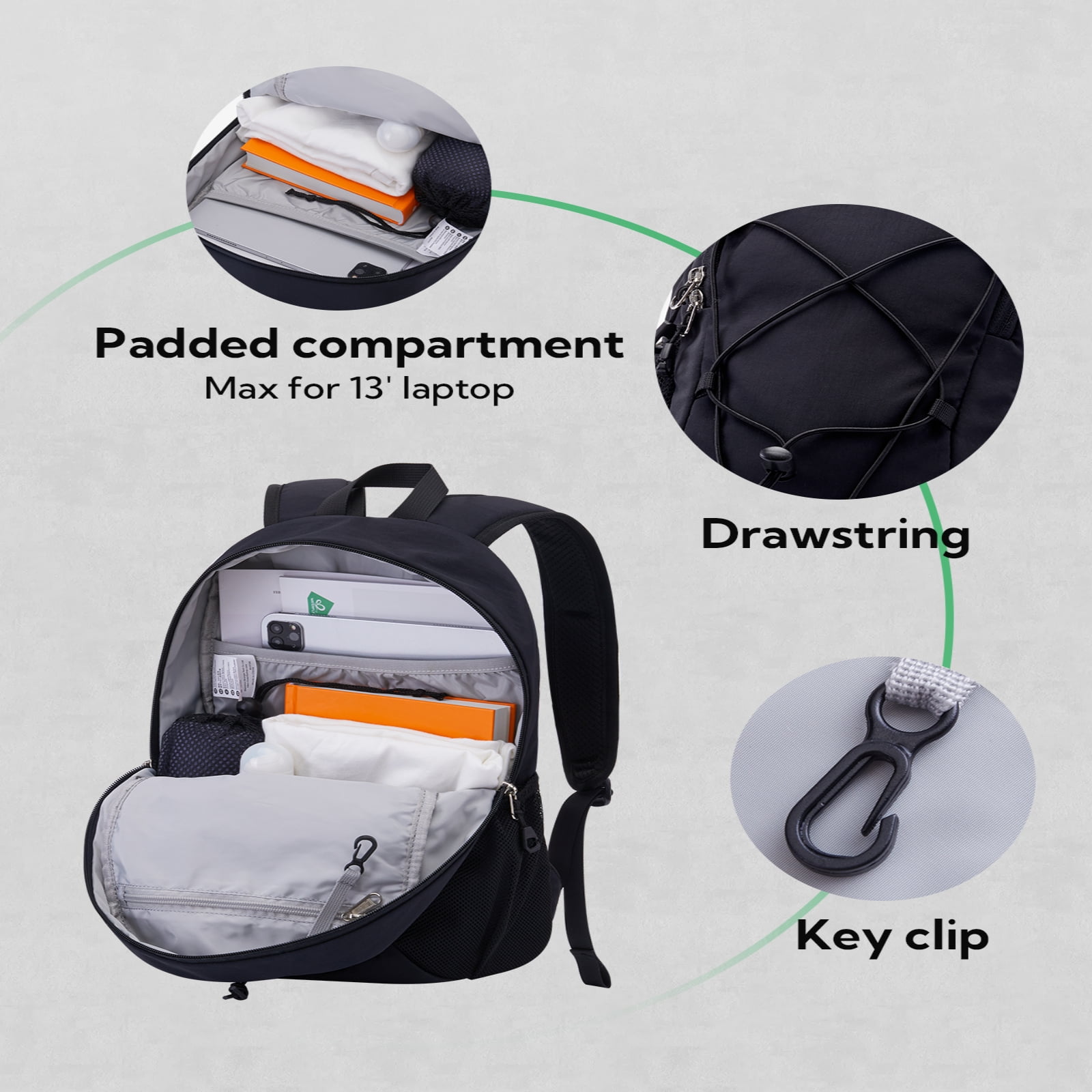 WATERFLY Unisex 12L Small Drawstring Lightweight Travel Hiking Backpack Daypack,Black