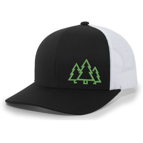 Heritage Pride Pine Trees Mens Embroidered Mesh Back Trucker Hat Baseball Cap, Black/White