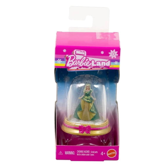 Mattel Mini Barbie Land Holiday Snow Globe Doll - GREEN & GOLD DRESS [1.5 inch]