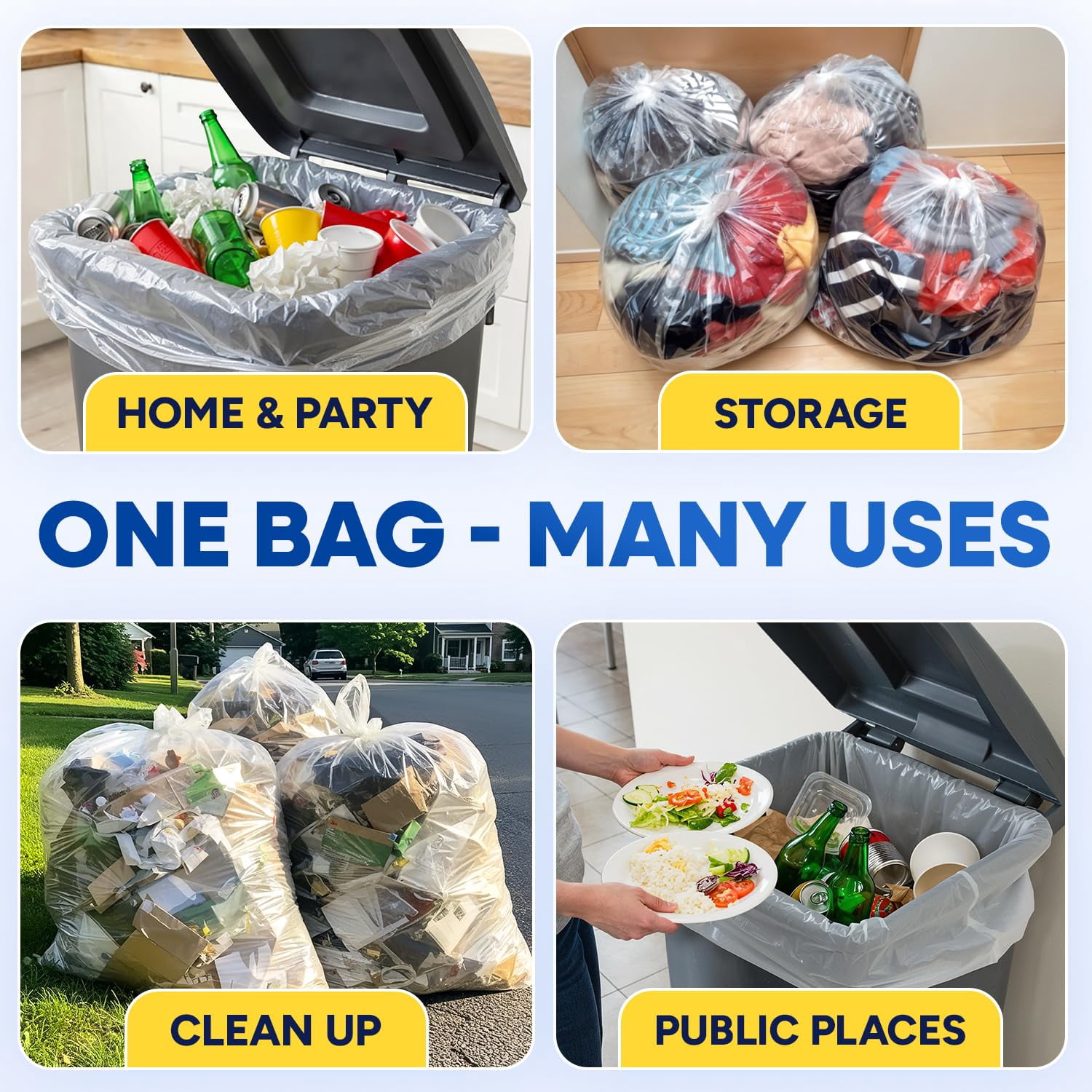 (100 Pack) 55-60 Gallon Trash Bags, 2 Mil, Heavy Duty, Fit Rubbermaid Brute Rollout, Round and Square 32-55 gal Trash Cans, 43" x 47" Large Durable Garbage Trash Can Liners, Bulk (2 Mil Clear)