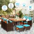 thumbnail image 6 of Costway 9PCS Patio Rattan Dining Set Cushioned Chairs Ottoman Wood Table Top Turquoise, 6 of 12