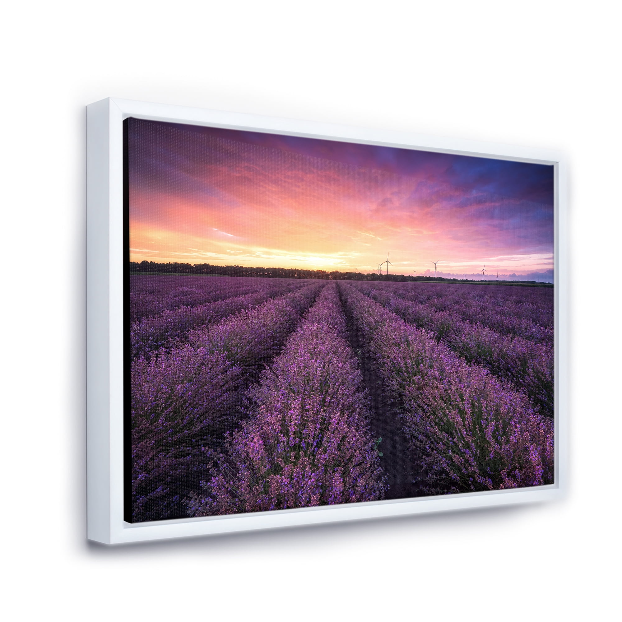 Designart 'Dramatic Clouds and Sunrise Over Lavender Field XIII' Farmhouse Framed Canvas Wall Art Print