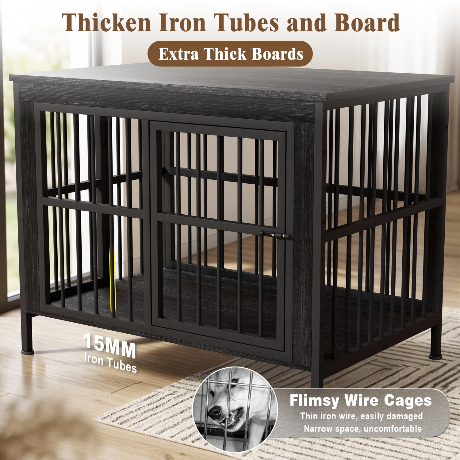 Ironovahome 45" Dog Crate Furniture for Medium/Large Dogs, Heavy Duty Wooden Dog Crate with Double Doors & Safe Locks, XL Large Indoor Dog Kennel Pet House, Black