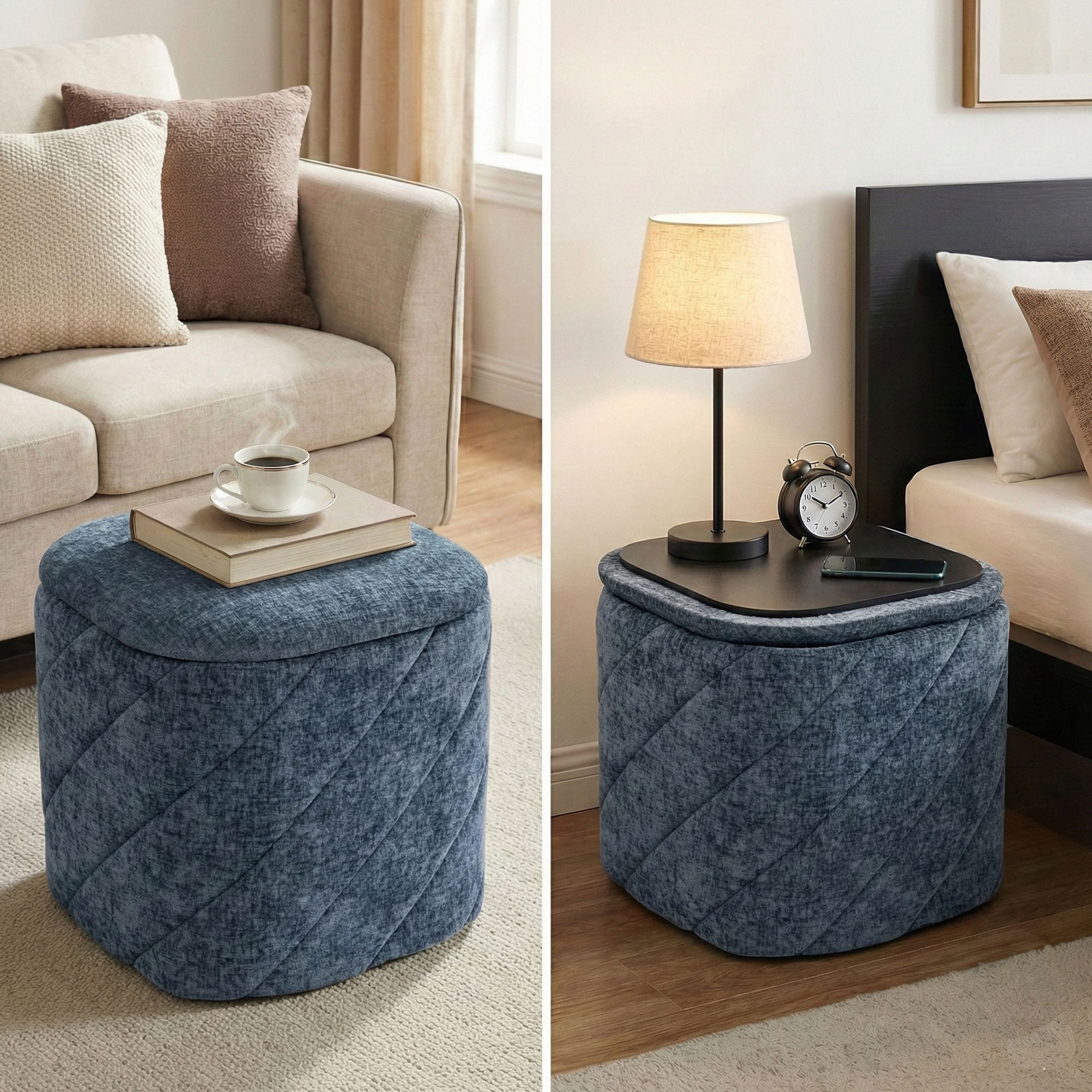 Aria Home Modern Tufted Cube Ottoman with Storage, Upholstered Footrest 15" Stool, Blue