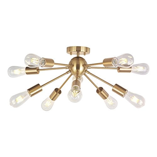 Modern Sputnik Chandelier Lighting 10 Lights Brushed Brass Semi Flush Mount Ceiling Light Gold Mid Century Pendant Lighting by BONLICHT