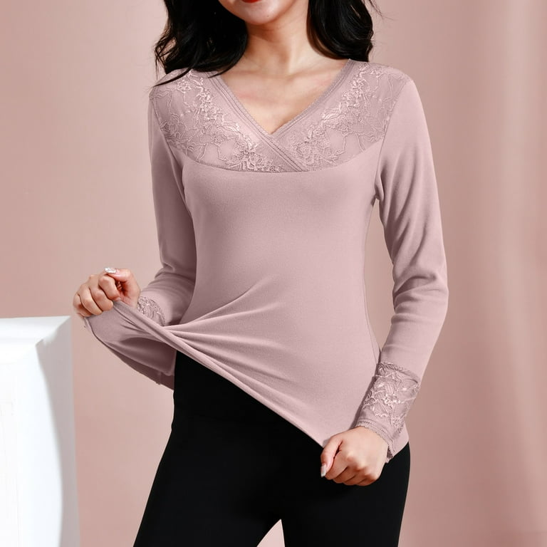 JDEFEG Thermal Underwear Women's Thermal Shirts Long Sleeve New Lace V Neck  Thermal Underwear Autumn and Winter Slim Fit Plush Bottomed Shirt
