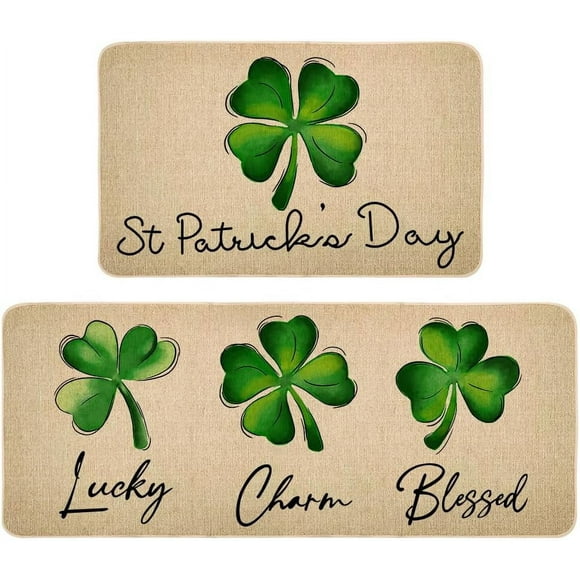 Ensemble de Tapis de Cuisine pour la Saint-Patrick, Tapis de Porte Antidérapants Absorbants Saisonniers Trèfle Vert Décoratif 17x29 et 17x47 Pouces DM127